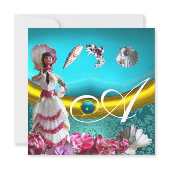 GOLD BLUE AQUAMARINE DAMASK BEACH WEDDING MONOGRAM
