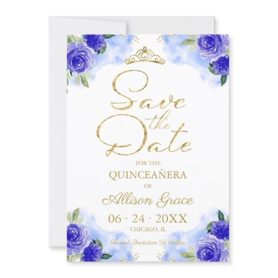 Gold Blue Floral Quinceanera Save The Date