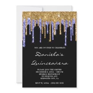 Gold Blue Glitter Drips Black Quinceañera