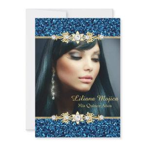 Gold Blue Glitter & Jewel Bow Quinceanera