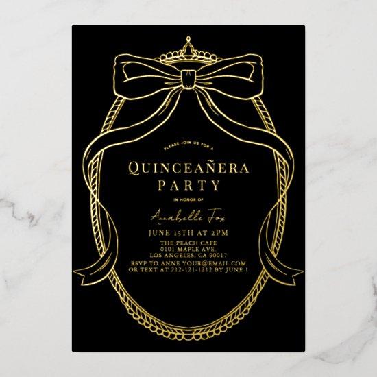 Gold Bow Ribbon Tiara Frame Black Quinceañera Foil