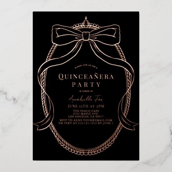 Gold Bow Ribbon Tiara Frame Black Quinceañera Foil