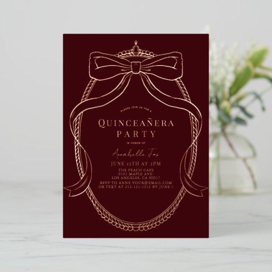 Gold Bow Ribbon Tiara Frame Burgundy Quinceañera Foil