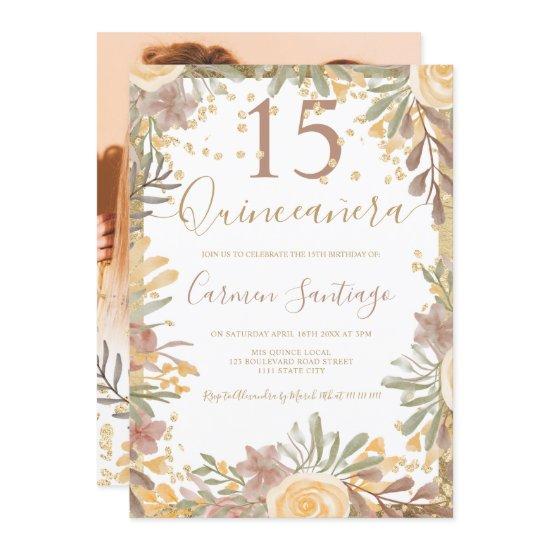 Gold brown floral watercolor Quinceanera photo