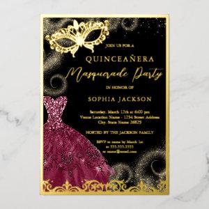 Gold Burgundy Dress Masquerade Party Quinceanera  Foil