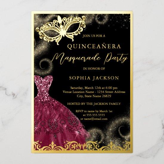 Gold Burgundy Dress Masquerade Party Quinceanera  Foil