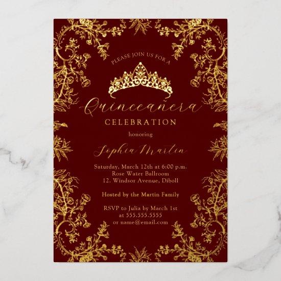 Gold Burgundy Elegant Vintage Quinceanera  Foil