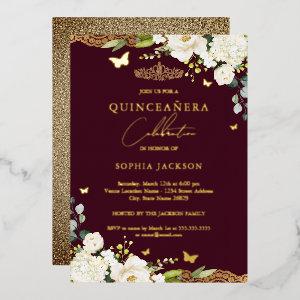 Gold Burgundy Floral Lace Quinceanera Birthday Foil