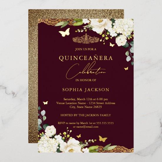 Gold Burgundy Floral Lace Quinceanera Birthday Foil