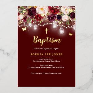 Gold Burgundy Floral Lights Baptism  Foil