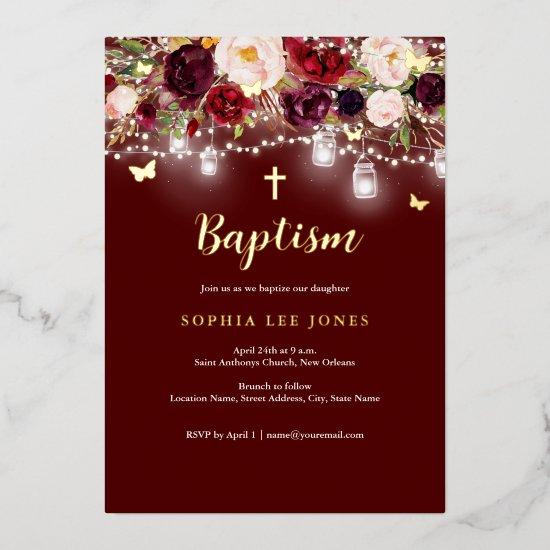 Gold Burgundy Floral Lights Baptism  Foil