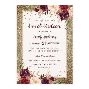Gold Burgundy floral Sparkle Sweet Sixteen Invite