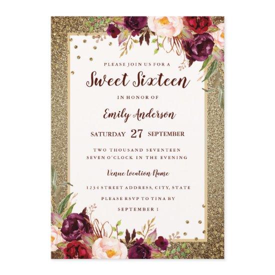 Gold Burgundy floral Sparkle Sweet Sixteen Invite