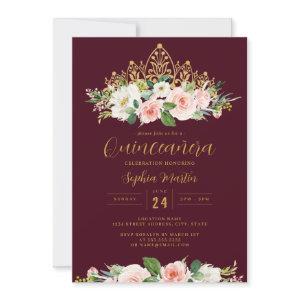Gold Burgundy Pink Floral Tiara Quinceanera