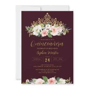 Gold Burgundy Pink Floral Tiara Quinceanera