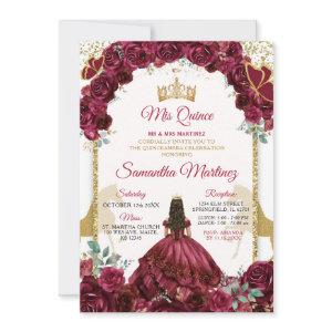 Gold Burgundy Red Floral Princess Quinceañera