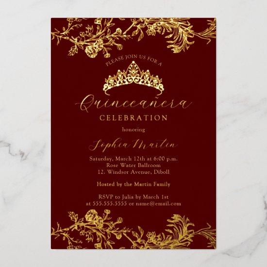 Gold Burgundy Vintage Elegant Quinceanera  Foil