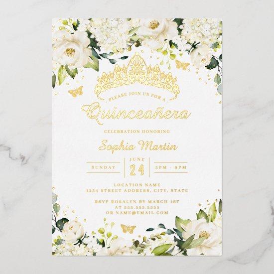 Gold Champagne White Floral Quinceanera  Foil