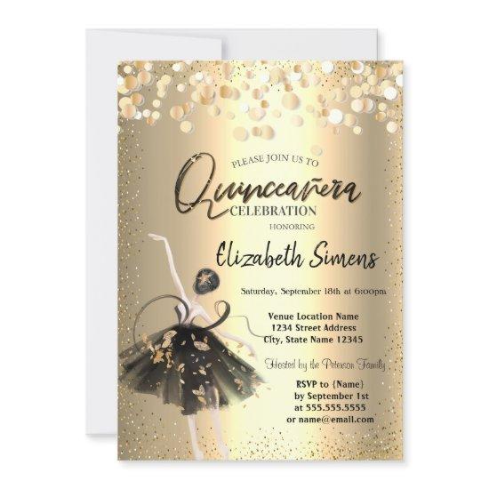 Gold Confetti,Black Dress Ballerina Quinceañera