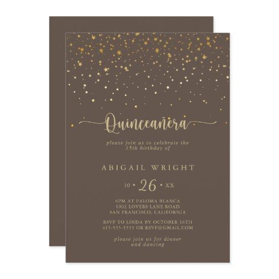 Gold Confetti Calligraphy Brown Quinceañera