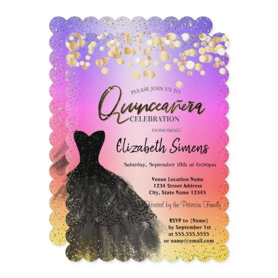 Gold Confetti Dots,Black Dress Ombre Quinceañera