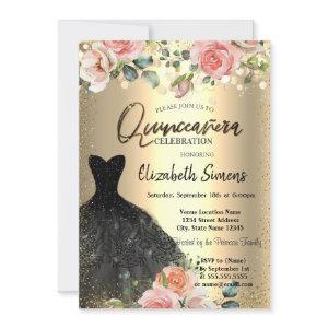 Gold Confetti Dots,Black Dress Roses Quinceañera
