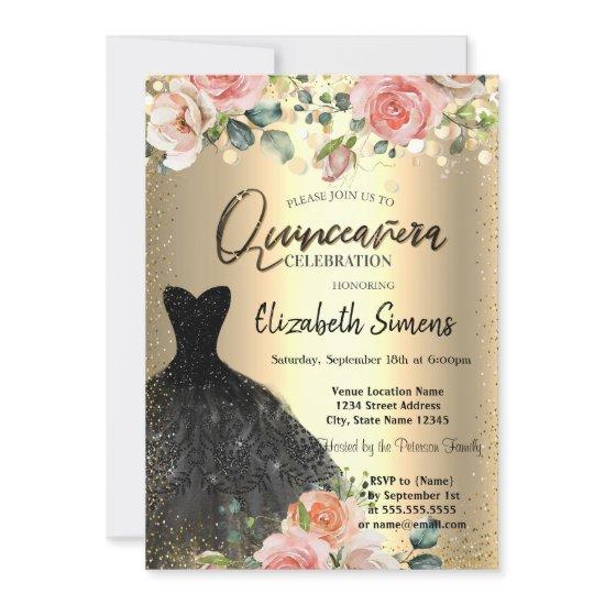 Gold Confetti Dots,Black Dress Roses Quinceañera