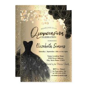 Gold Confetti Dots,Black Dress Roses Quinceañera