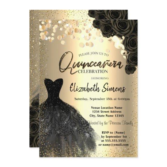 Gold Confetti Dots,Black Dress Roses Quinceañera