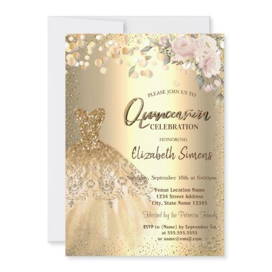 Gold Confetti Dots,Dress,Roses Quinceañera