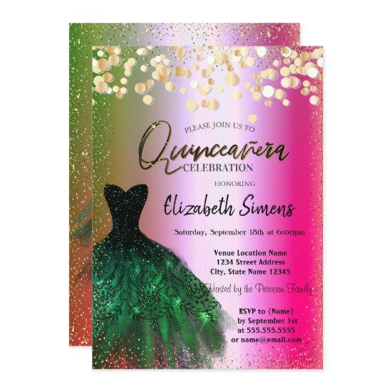 Gold Confetti Dots,Green Dress Ombre Quinceañera