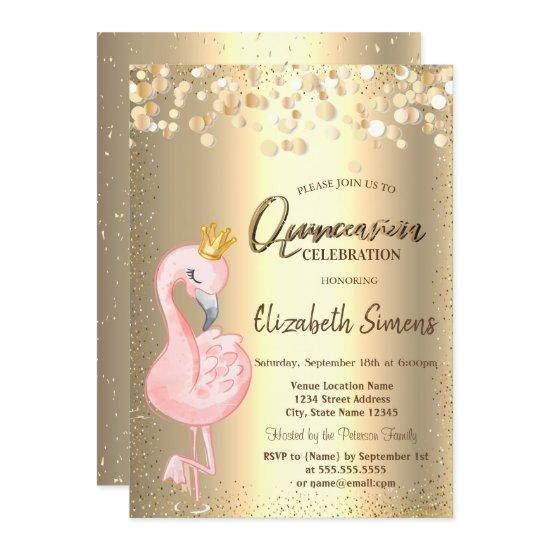 Gold Confetti Dots,Pink Flamingo Crown Quinceañera