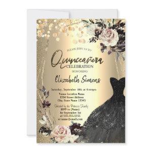 Gold Confetti Dots,Roses,Frame Black Dress