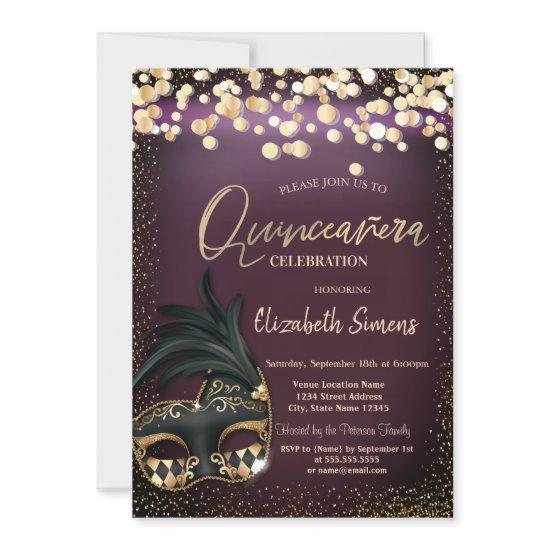 Gold Confetti Masque Burgundy Quinceañera