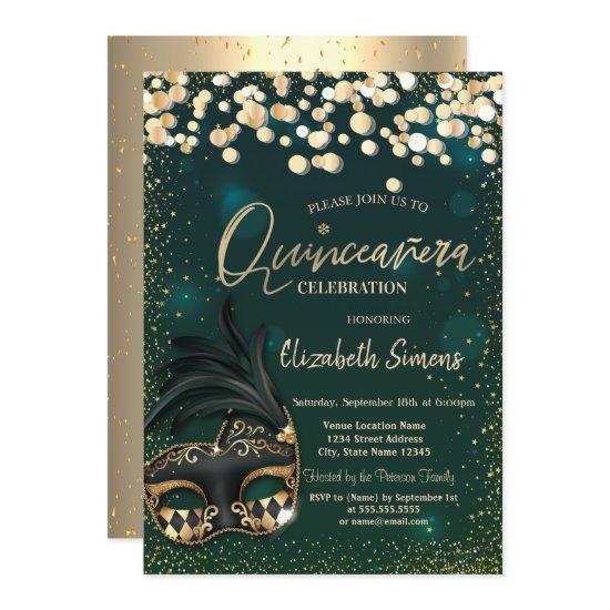 Gold Confetti Masque Green Quinceañera