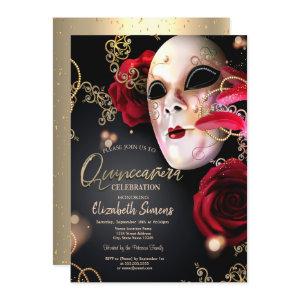 Gold Confetti Masque Red Roses Quinceañera