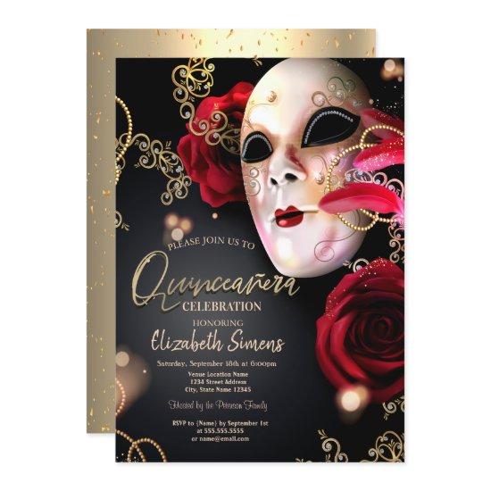 Gold Confetti Masque Red Roses Quinceañera