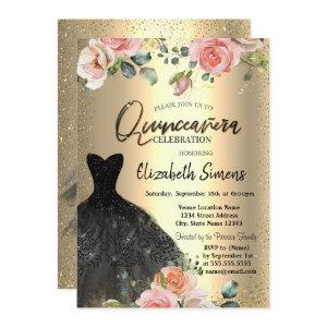 Gold Confetti,Roses Black Dress Quinceañera
