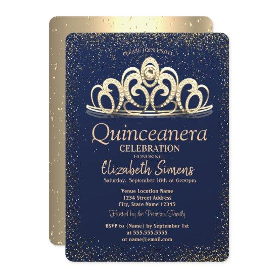 Gold Confetti Tiara Navy Blue Quinceañera