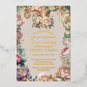 Gold Crown Diamond Flowers Quinceanera  Foil