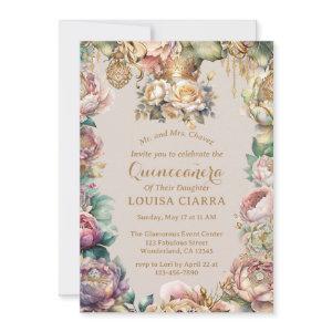 Gold Crown Diamond Flowers Quinceanera