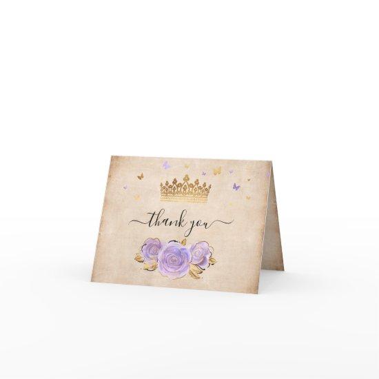 Gold Crown Light Purple Rose Elegant Folded Thank You Card