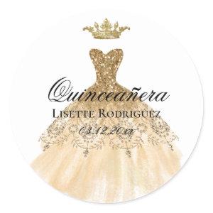 Gold Crown Princess Dress Quinceanera Party Classic Round Sticker