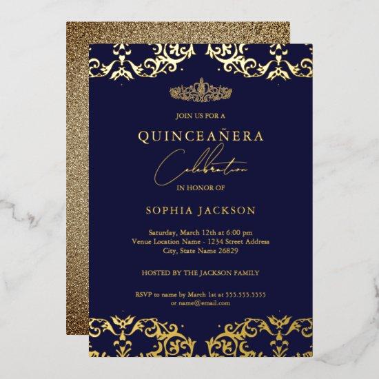 Gold Damask Navy Quinceanera 15th Birthday Foil