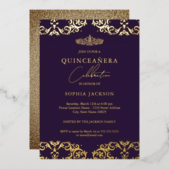 Gold Damask Purple Quinceanera 15th Birthday  Foil
