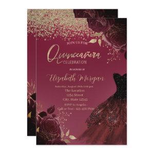 Gold Diamonds,Dress,Burgundy Roses Quinceanera