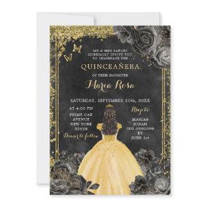 Gold Dress and Black Rose Royale Quinceañera