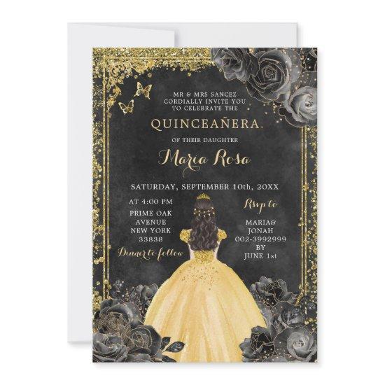 Gold Dress and Black Rose Royale Quinceañera