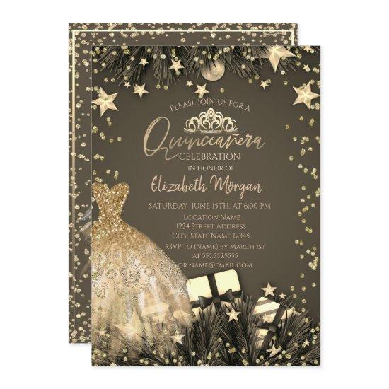 Gold Dress,Branches,Diamonds Stars Quinceañera