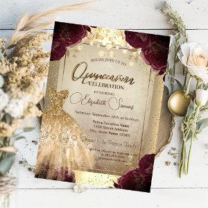 Gold Dress Burgundy Roses Confetti Quinceañera